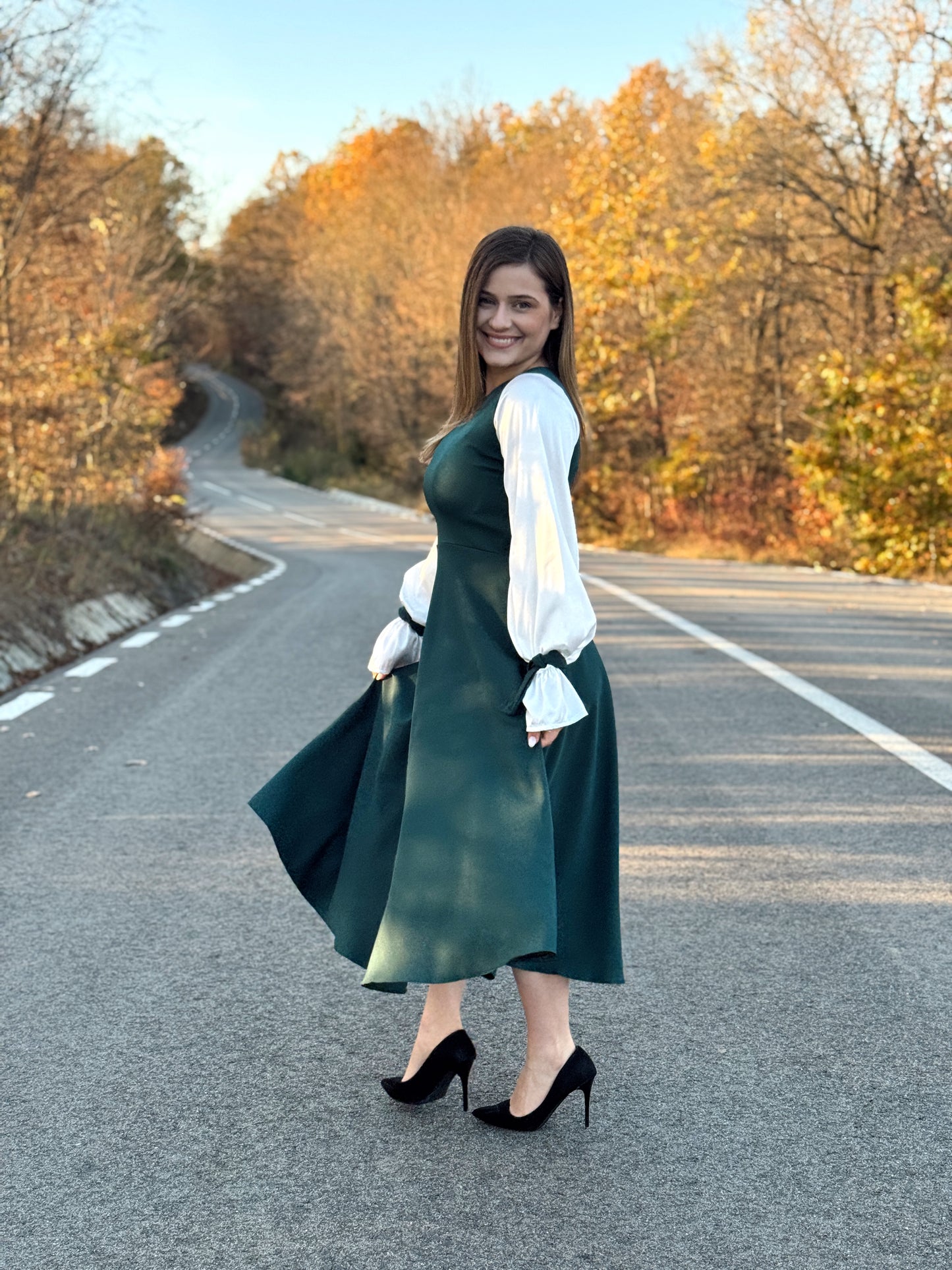 Rochie Midi din Stofă cu Mâneci din Satin